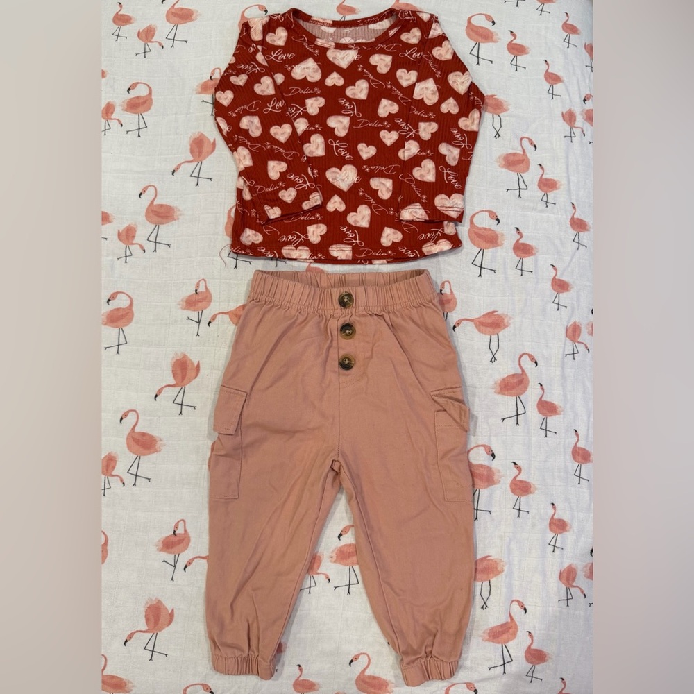 Red Heart Print Top and Pink Cargo Pants Set❤️